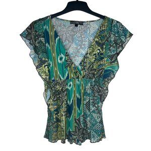 Mandee Womens Boho Floral Patchwork Short Sleeve Blouse Top M